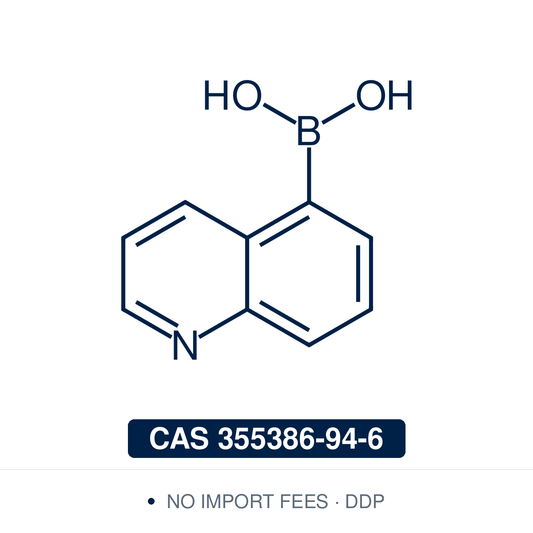 Chemical structure of Quinolin-5-ylboronic Acid, CAS 355386-94-6, ≥97% — benzo-fused N-heterocyclic boronic acid at the carbocyclic C5 position used in Pd-catalysed Suzuki-Miyaura coupling, Cu Chan-Lam C–N/C–O coupling, Rh/Ni conjugate additions, and photoredox arylation in pharma/materials synthesis, with the quinoline scaffold privileged in medicinal chemistry, kinase inhibitor design, natural product synthesis, and fluorescent probe research. Supplied by NorrChemica with DDP shipping. CoA and SDS