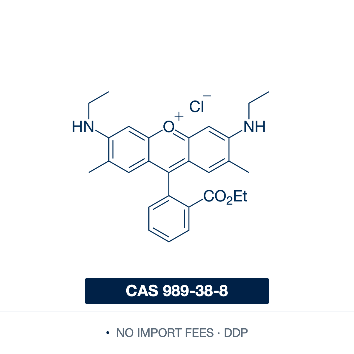 Chemical structure of Rhodamine 6G, CAS 989-38-8, Dye content ≥ 90% — for fluorescence microscopy and tracer dye applications. Supplied by NorrChemica with DDP shipping. CoA and SDS provided.