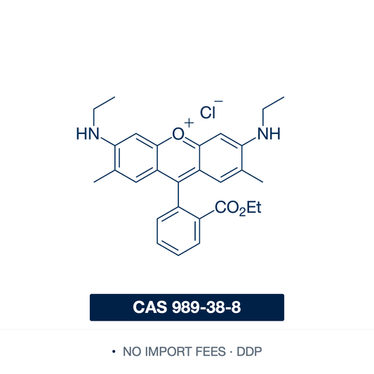 Chemical structure of Rhodamine 6G, CAS 989-38-8, Dye content ≥ 90% — for fluorescence microscopy and tracer dye applications. Supplied by NorrChemica with DDP shipping. CoA and SDS provided.