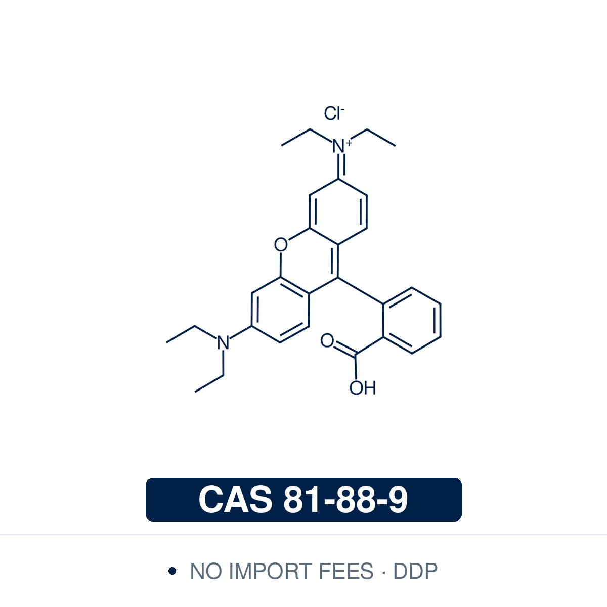 Chemical structure of Rhodamine B, CAS 81-88-9, ≥97% — xanthene fluorescent dye (C.I. 45170) used as a reference standard for fluorescence quantum-yield and lifetime measurements, as a FRET acceptor, as a laser dye and as a fluorescent water tracer. Supplied by NorrChemica with DDP shipping. CoA and SDS provided.