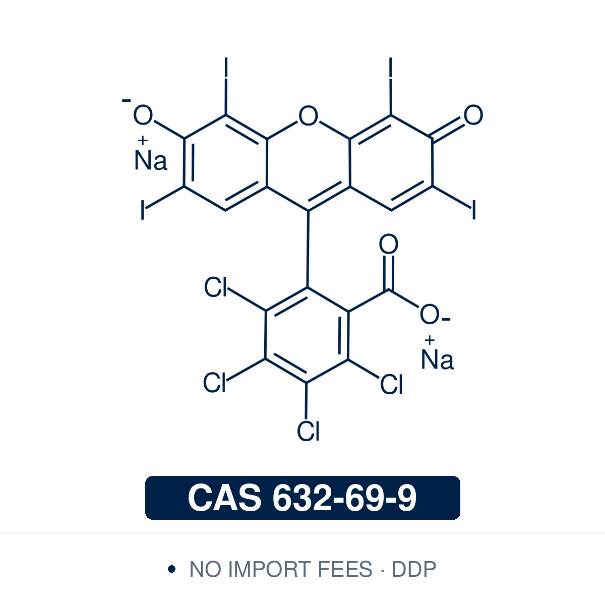 Chemical structure of Rose Bengal Sodium Salt, CAS 632-69-9, dye content ≥80% — halogenated xanthene dye widely used as a singlet oxygen photosensitiser in photochemistry, photoredox catalysis, and visible-light-driven organic reactions, and as a histological and cytological staining reagent. Supplied by NorrChemica with DDP shipping. CoA and SDS provided.​​​​​​​​​​​​​​​​