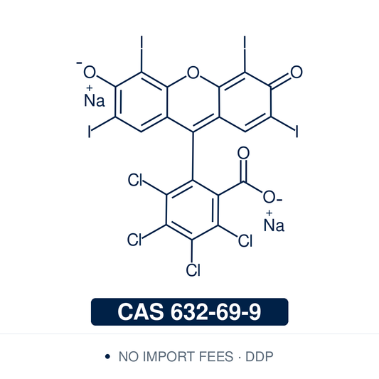Chemical structure of Rose Bengal Sodium Salt, CAS 632-69-9, dye content ≥80% — halogenated xanthene dye widely used as a singlet oxygen photosensitiser in photochemistry, photoredox catalysis, and visible-light-driven organic reactions, and as a histological and cytological staining reagent. Supplied by NorrChemica with DDP shipping. CoA and SDS provided.​​​​​​​​​​​​​​​​