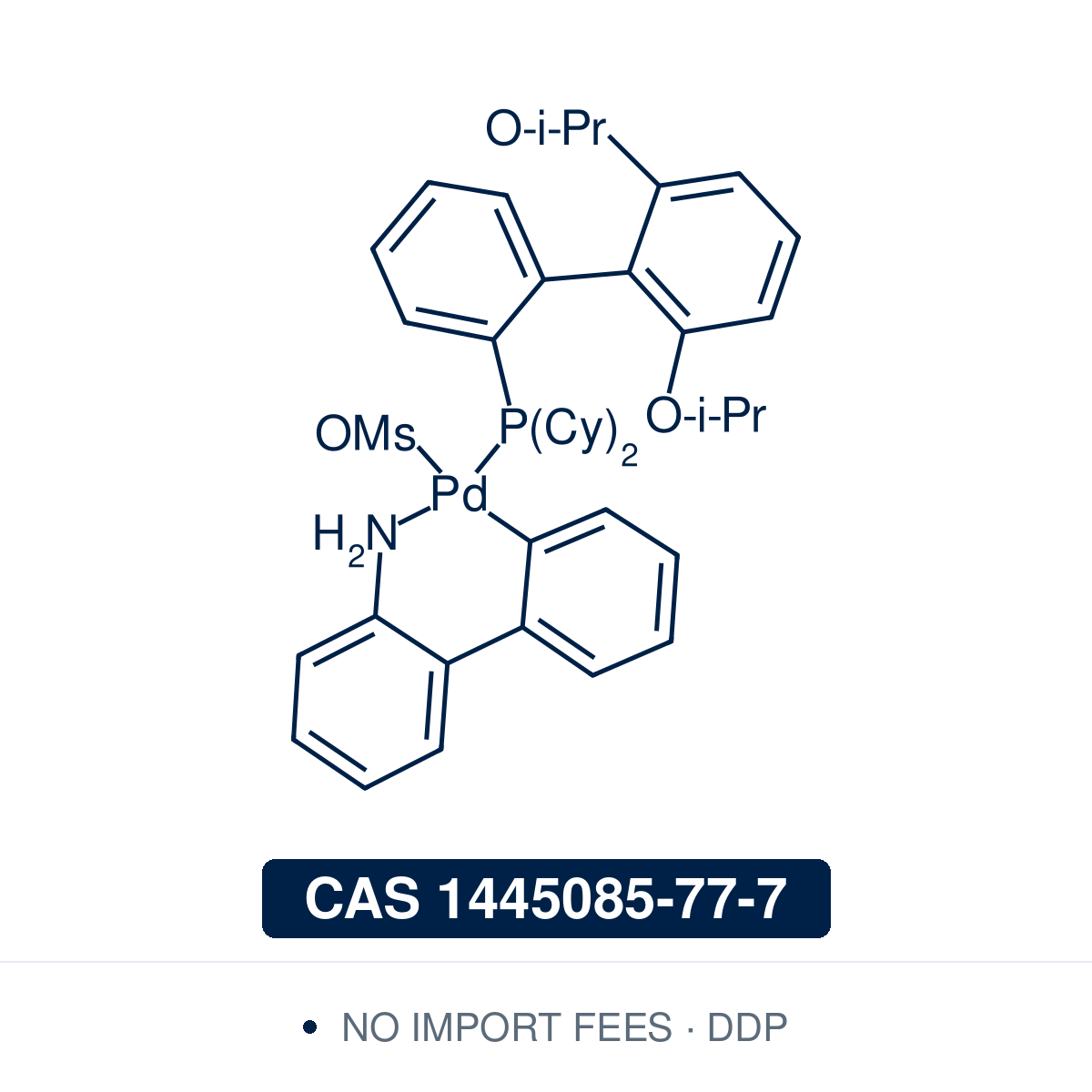 Chemical structure of RuPhos Pd G3, CAS 1445085-77-7, ≥98% — a third-generation Buchwald aminobiphenyl palladacycle carrying the RuPhos ligand, which on base activation releases the monoligated LPd(0) active species, used for Buchwald-Hartwig amination and Suzuki-Miyaura coupling of hindered and heteroaryl substrates. Supplied by NorrChemica with DDP shipping. CoA and SDS provided.