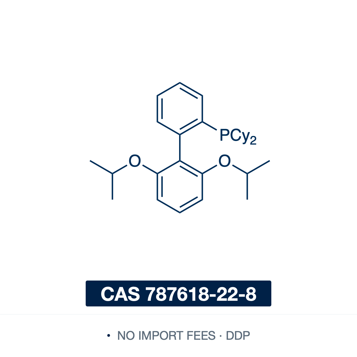 Chemical structure of RuPhos (2-dicyclohexylphosphino-2',6'-diisopropoxybiphenyl), CAS 787618-22-8, ≥97% — an electron-rich, bulky dialkylbiaryl (Buchwald) phosphine ligand (C30H43O2P), the 2',6'-diisopropoxy analog of SPhos. In palladium catalysis it excels at Buchwald-Hartwig amination, particularly the coupling of secondary amines with aryl halides, and supports Negishi and Suzuki-Miyaura couplings, including of alkyl boronates. Supplied by NorrChemica with DDP shipping. CoA and SDS provided.