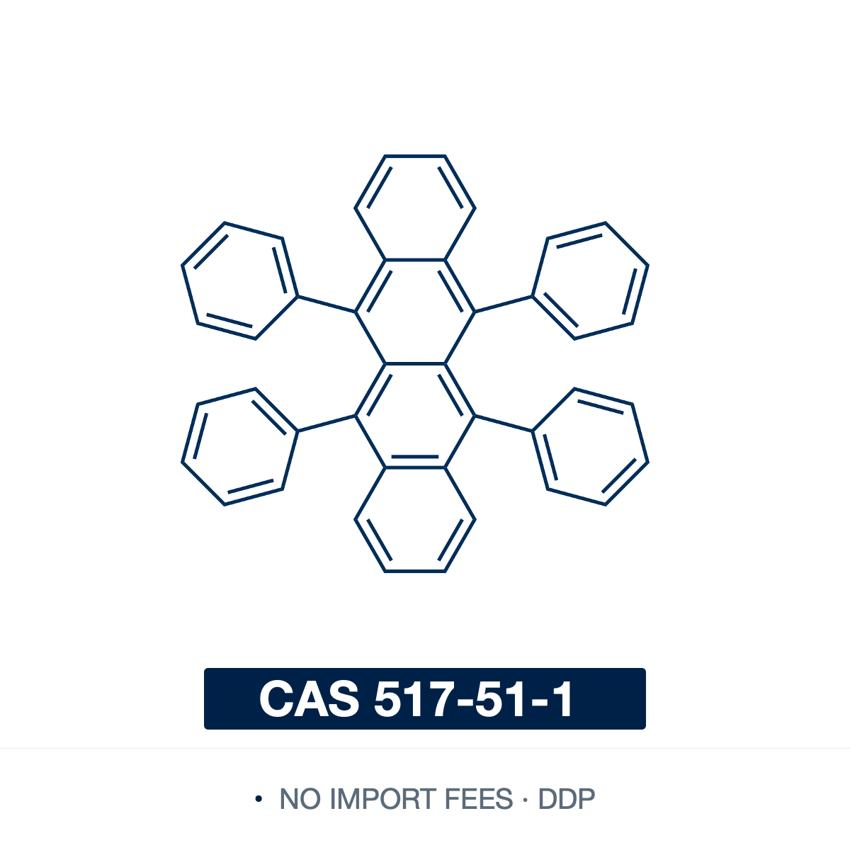 Chemical structure of Rubrene (5,6,11,12-tetraphenyltetracene), CAS 517-51-1, ≥98% — bright-red polycyclic aromatic hydrocarbon (C42H28), a tetracene backbone bearing four phenyl groups at the 5,6,11,12-positions. A high-mobility organic semiconductor and highly fluorescent emitter, used in organic field-effect transistors (OFETs) and single-crystal devices, as a red/yellow dopant in OLEDs, and as a sensitizer for chemiluminescence. Supplied by NorrChemica with DDP shipping. CoA and SDS provided.