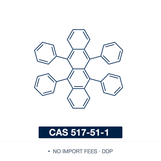 Chemical structure of Rubrene (5,6,11,12-tetraphenyltetracene), CAS 517-51-1, ≥98% — bright-red polycyclic aromatic hydrocarbon (C42H28), a tetracene backbone bearing four phenyl groups at the 5,6,11,12-positions. A high-mobility organic semiconductor and highly fluorescent emitter, used in organic field-effect transistors (OFETs) and single-crystal devices, as a red/yellow dopant in OLEDs, and as a sensitizer for chemiluminescence. Supplied by NorrChemica with DDP shipping. CoA and SDS provided.