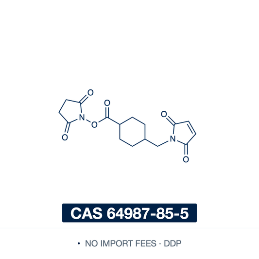 Chemical structure of SMCC (succinimidyl 4-(N-maleimidomethyl)cyclohexane-1-carboxylate), CAS 64987-85-5, ≥97% — the classic heterobifunctional crosslinker (C16H18N2O6): an amine-reactive NHS ester and a thiol-reactive maleimide joined by a cyclohexane spacer. Its NHS ester couples to amines and its maleimide to thiols; the cyclohexane ring stabilizes the maleimide for clean two-step conjugation of proteins, antibodies and antibody-drug conjugates. Supplied by NorrChemica with DDP shipping. CoA and SDS
