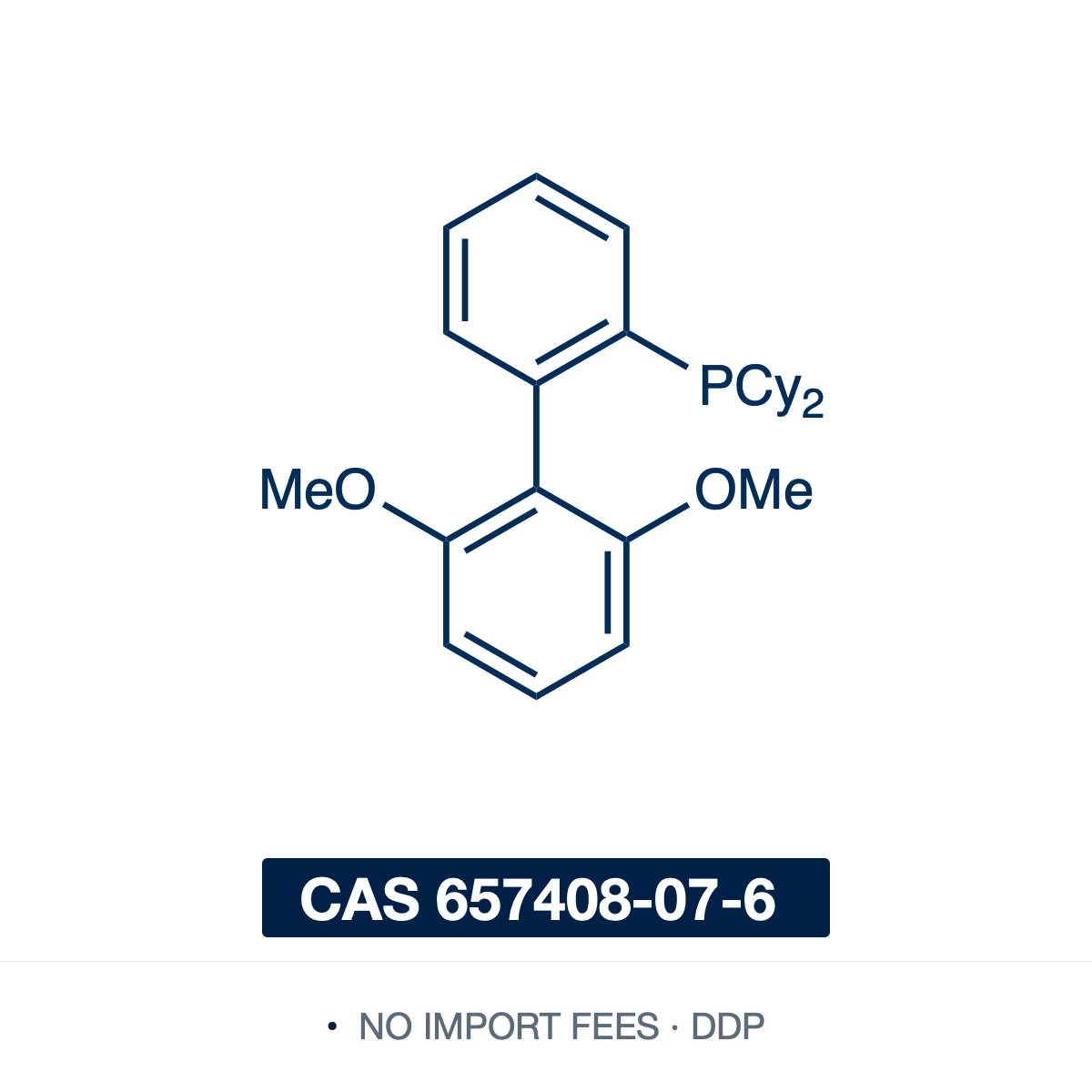 Chemical structure of SPhos (2-dicyclohexylphosphino-2',6'-dimethoxybiphenyl), CAS 657408-07-6, ≥98% — an air-stable, electron-rich dialkylbiaryl phosphine ligand (C26H35O2P) developed by the Buchwald group. A rationally designed universal ligand for Pd-catalyzed Suzuki-Miyaura coupling, excelling with aryl chlorides, hindered biaryls and heterobiaryls; also used in Buchwald-Hartwig C-N amination and Negishi coupling. Supplied by NorrChemica with DDP shipping. CoA and SDS provided.