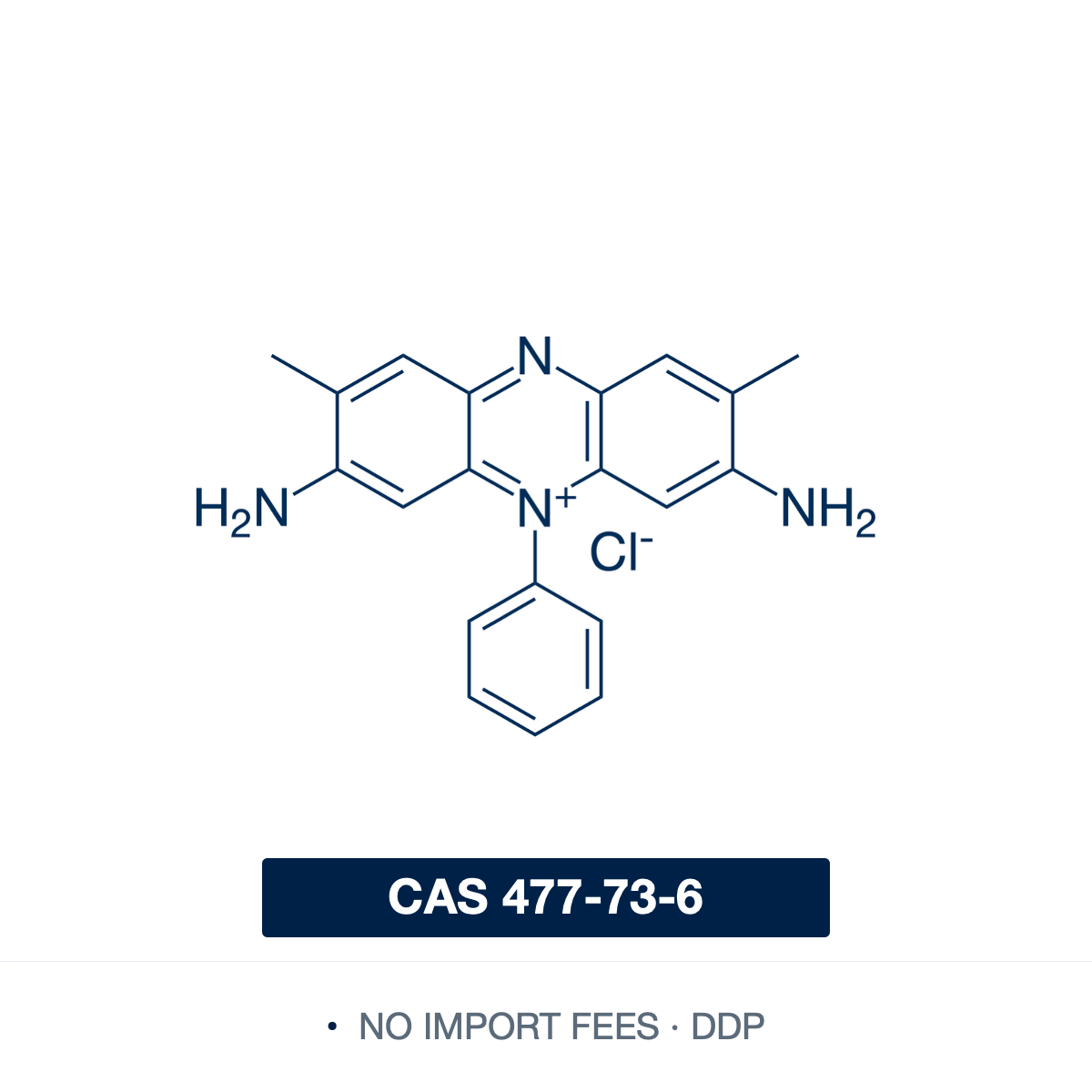 Chemical structure of Safranine O, CAS 477-73-6, Biological Stain Commission certified — cationic phenazinium dye widely used as a counterstain in Gram staining, cartilage and nuclear staining in histology, and as a redox indicator. Supplied by NorrChemica with DDP shipping. CoA and SDS provided.​​​​​​​​​​​​​​​​