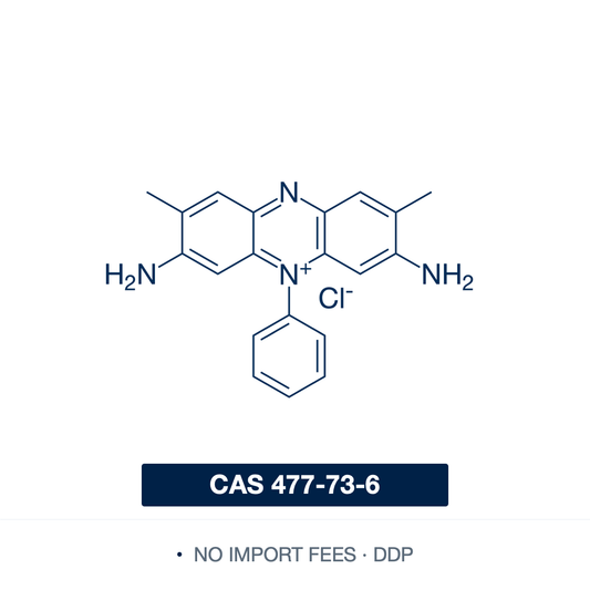 Chemical structure of Safranine O, CAS 477-73-6, Biological Stain Commission certified — cationic phenazinium dye widely used as a counterstain in Gram staining, cartilage and nuclear staining in histology, and as a redox indicator. Supplied by NorrChemica with DDP shipping. CoA and SDS provided.​​​​​​​​​​​​​​​​