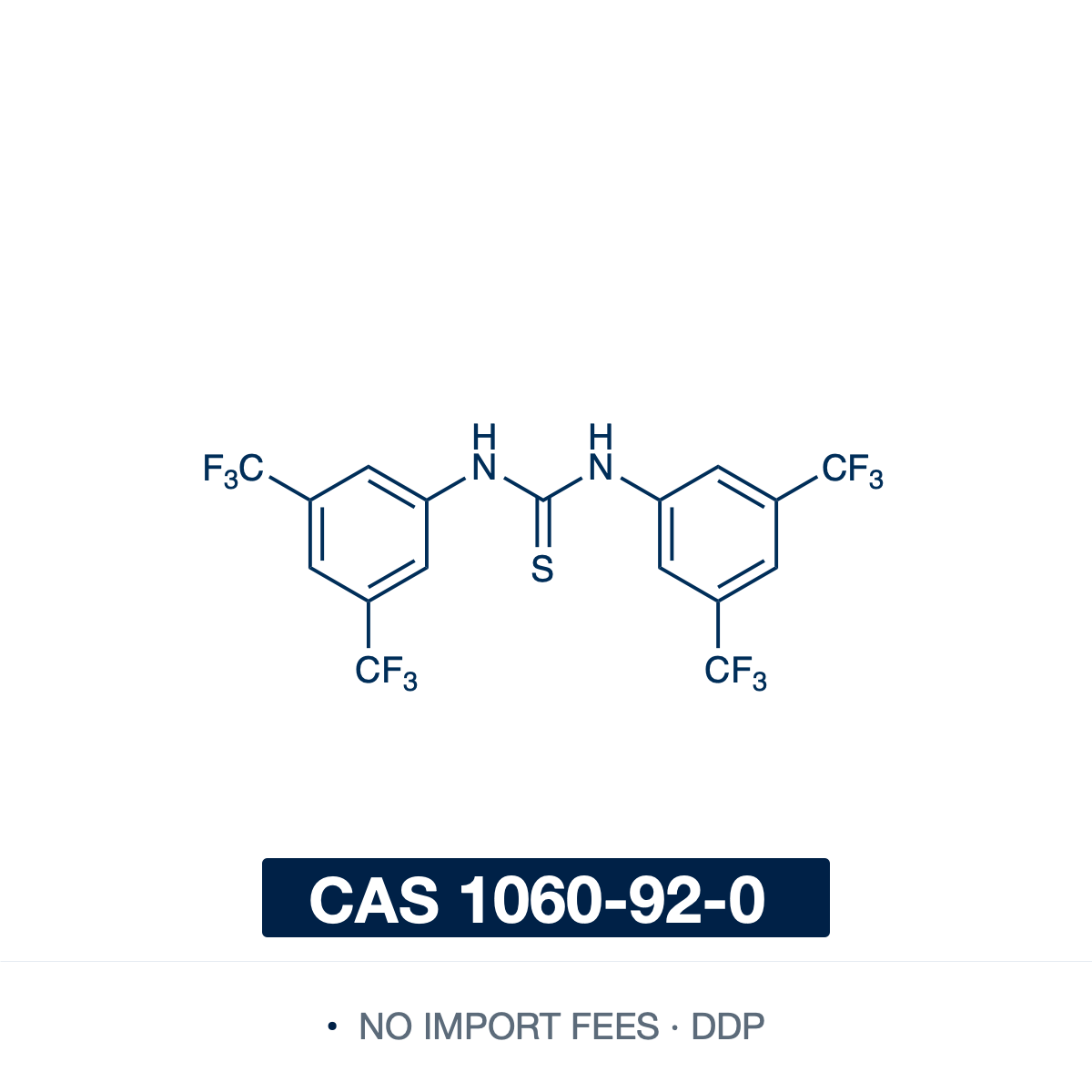 Chemical structure of Schreiner's Thiourea Catalyst (1,3-bis[3,5-bis(trifluoromethyl)phenyl]thiourea), CAS 1060-92-0, ≥98% — a thiourea flanked by two 3,5-bis(trifluoromethyl)phenyl groups (C17H8F12N2S); the four CF3 groups acidify its N-H protons into a strong double hydrogen-bond donor. The archetypal achiral hydrogen-bond-donor organocatalyst, it activates carbonyls, nitroalkenes and imines, as exploited in Schreiner's acid-free acetalization of aldehydes. Supplied by NorrChemica with DDP shipping. CoA