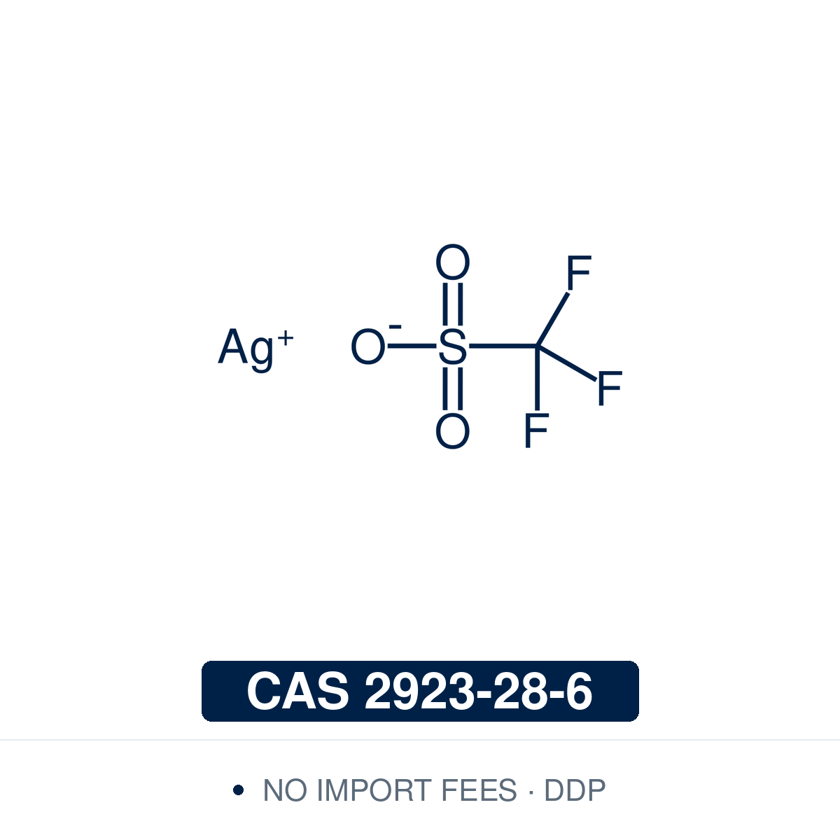 Chemical structure of Silver Trifluoromethanesulfonate (silver triflate, AgOTf, CAgF₃O₃S), CAS 2923-28-6, ≥98% — a light-sensitive silver(I) salt, soluble in water and most organic solvents. Used for halide abstraction, as a triflating agent and source of soluble silver ions, to promote Friedel–Crafts, alkene cyclization and esterification reactions, and with iodine to activate sulfur groups at the anomeric centre of carbohydrates. Supplied by NorrChemica with DDP shipping. CoA and SDS provided.