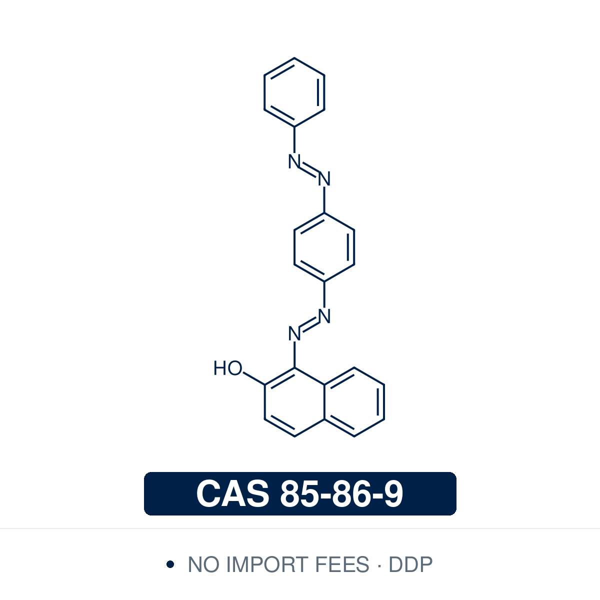 Chemical structure of Sudan III (C.I. Solvent Red 23), CAS 85-86-9, ≥96% — fat-soluble bis-azo naphthol dye (lysochrome), 1-{[4-(phenylazo)phenyl]azo}-2-naphthol. Used as a histological lysochrome for staining triglycerides and neutral lipids in frozen tissue sections, and to colour oils, fats, waxes and other non-polar hydrocarbons. Supplied by NorrChemica with DDP shipping. CoA and SDS provided.