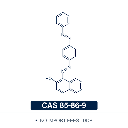 Chemical structure of Sudan III (C.I. Solvent Red 23), CAS 85-86-9, ≥96% — fat-soluble bis-azo naphthol dye (lysochrome), 1-{[4-(phenylazo)phenyl]azo}-2-naphthol. Used as a histological lysochrome for staining triglycerides and neutral lipids in frozen tissue sections, and to colour oils, fats, waxes and other non-polar hydrocarbons. Supplied by NorrChemica with DDP shipping. CoA and SDS provided.