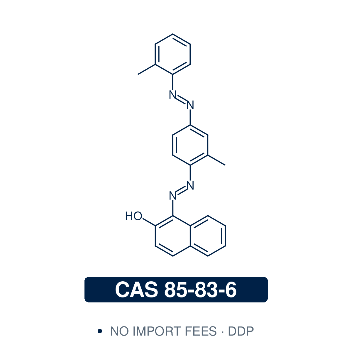 Chemical structure of Sudan IV (Scarlet Red; C.I. Solvent Red 24), CAS 85-83-6 BS Grade — fat-soluble bis-azo naphthol dye (lysochrome), the di-(o-tolyl) homologue of Sudan III bearing two ortho-methyl groups. Used as a histological lysochrome for the intense red staining of triglycerides, lipids and lipoproteins in frozen sections, including en-face staining of lipid-rich arterial plaques. Supplied by NorrChemica with DDP shipping. CoA and SDS provided.