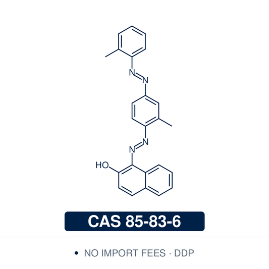Chemical structure of Sudan IV (Scarlet Red; C.I. Solvent Red 24), CAS 85-83-6 BS Grade — fat-soluble bis-azo naphthol dye (lysochrome), the di-(o-tolyl) homologue of Sudan III bearing two ortho-methyl groups. Used as a histological lysochrome for the intense red staining of triglycerides, lipids and lipoproteins in frozen sections, including en-face staining of lipid-rich arterial plaques. Supplied by NorrChemica with DDP shipping. CoA and SDS provided.