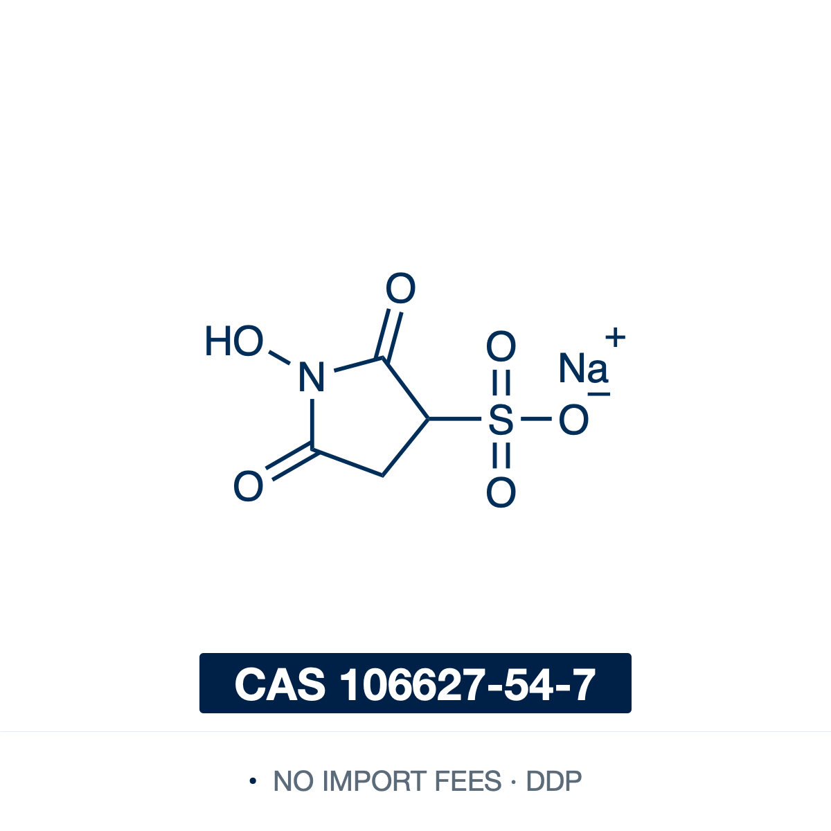Chemical structure of Sulfo-NHS sodium salt (sodium 1-hydroxy-2,5-dioxopyrrolidine-3-sulfonate), CAS 106627-54-7, ≥97% — an N-hydroxysuccinimide (NHS) ring carrying a 3-sulfonate as its sodium salt (C4H4NNaO6S). The sulfonate gives direct water solubility; with the carbodiimide EDC it converts carboxylic acids to stable, amine-reactive sulfo-NHS esters that couple to primary amines, for efficient bioconjugation, crosslinking, labeling and immobilization. Supplied by NorrChemica with DDP shipping. CoA & SDS