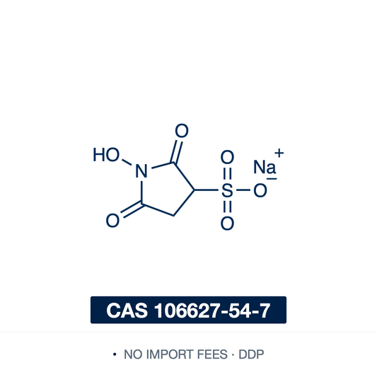Chemical structure of Sulfo-NHS sodium salt (sodium 1-hydroxy-2,5-dioxopyrrolidine-3-sulfonate), CAS 106627-54-7, ≥97% — an N-hydroxysuccinimide (NHS) ring carrying a 3-sulfonate as its sodium salt (C4H4NNaO6S). The sulfonate gives direct water solubility; with the carbodiimide EDC it converts carboxylic acids to stable, amine-reactive sulfo-NHS esters that couple to primary amines, for efficient bioconjugation, crosslinking, labeling and immobilization. Supplied by NorrChemica with DDP shipping. CoA & SDS