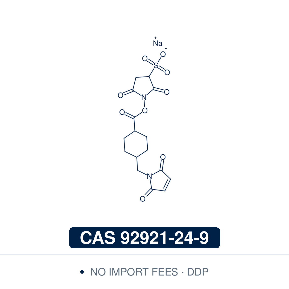 Chemical structure of Sulfo-SMCC sodium salt (sulfosuccinimidyl 4-(N-maleimidomethyl)cyclohexane-1-carboxylate), CAS 92921-24-9, ≥97% — the water-soluble version of SMCC (C16H17N2NaO9S): an amine-reactive sulfo-NHS ester and a thiol-reactive maleimide. Unlike membrane-permeable SMCC, the sulfonate keeps it out of cells, conjugating extracellular proteins in aqueous buffer; ideal for maleimide-activated carrier proteins and antibody-enzyme conjugates. Supplied by NorrChemica with DDP shipping. CoA and SDS
