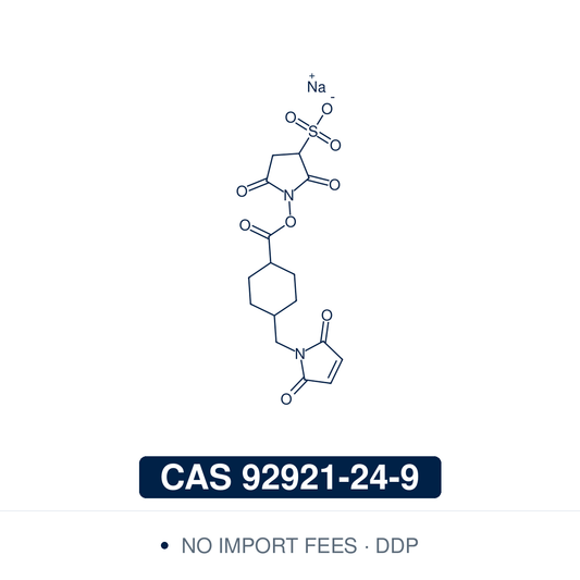 Chemical structure of Sulfo-SMCC sodium salt (sulfosuccinimidyl 4-(N-maleimidomethyl)cyclohexane-1-carboxylate), CAS 92921-24-9, ≥97% — the water-soluble version of SMCC (C16H17N2NaO9S): an amine-reactive sulfo-NHS ester and a thiol-reactive maleimide. Unlike membrane-permeable SMCC, the sulfonate keeps it out of cells, conjugating extracellular proteins in aqueous buffer; ideal for maleimide-activated carrier proteins and antibody-enzyme conjugates. Supplied by NorrChemica with DDP shipping. CoA and SDS