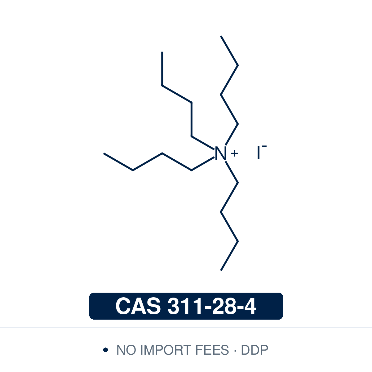 Chemical structure of TBAI (tetrabutylammonium iodide), CAS 311-28-4, ≥97% — quaternary ammonium iodide (C16H36IN) whose four butyl chains make the cation lipophilic enough to carry iodide into organic phases, where the poorly solvated anion is strongly nucleophilic. Used as a phase-transfer catalyst, as an iodide source for nucleophilic displacement and halide exchange, with TBHP for oxidative C-H functionalisation, and as a supporting electrolyte in non-aqueous electrochemistry. Supplied by NorrChemica