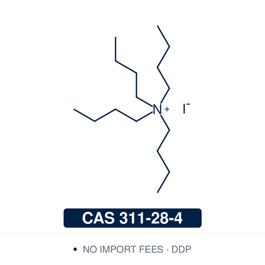 Chemical structure of TBAI (tetrabutylammonium iodide), CAS 311-28-4, ≥97% — quaternary ammonium iodide (C16H36IN) whose four butyl chains make the cation lipophilic enough to carry iodide into organic phases, where the poorly solvated anion is strongly nucleophilic. Used as a phase-transfer catalyst, as an iodide source for nucleophilic displacement and halide exchange, with TBHP for oxidative C-H functionalisation, and as a supporting electrolyte in non-aqueous electrochemistry. Supplied by NorrChemica