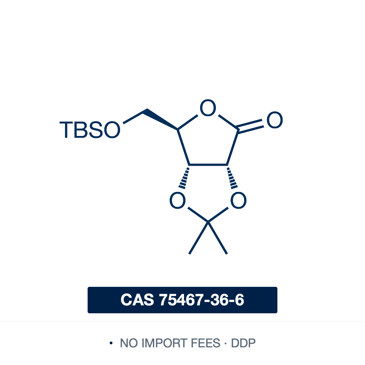 Chemical structure of (TBS)-Isopropylidene-D-ribonolactone, CAS 75467-36-6, ≥97% — chiral protected ribonolactone with TBS-ether and 2,3-O-isopropylidene protecting groups, used as a versatile building block in nucleoside synthesis, C-nucleoside chemistry, and stereoselective carbohydrate transformations. Supplied by NorrChemica with DDP shipping. CoA and SDS provided.​​​​​​​​​​​​​​​​