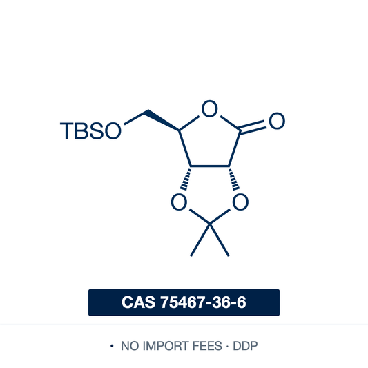 Chemical structure of (TBS)-Isopropylidene-D-ribonolactone, CAS 75467-36-6, ≥97% — chiral protected ribonolactone with TBS-ether and 2,3-O-isopropylidene protecting groups, used as a versatile building block in nucleoside synthesis, C-nucleoside chemistry, and stereoselective carbohydrate transformations. Supplied by NorrChemica with DDP shipping. CoA and SDS provided.​​​​​​​​​​​​​​​​