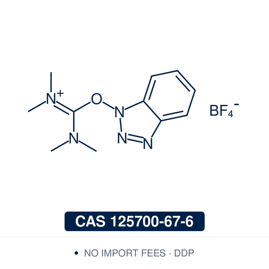 Chemical structure of TBTU (O-(benzotriazol-1-yl)-N,N,N',N'-tetramethyluronium tetrafluoroborate), CAS 125700-67-6, 98%— benzotriazolyl tetramethyluronium coupling reagent, the tetrafluoroborate analogue of HBTU (same cation, BF4 in place of PF6). Used in solid-phase and solution peptide synthesis to activate carboxylic acids as benzotriazolyl (OBt) active esters for amide/peptide bond formation, with fast coupling and low racemisation. Supplied by NorrChemica with DDP shipping. CoA and SDS provided.