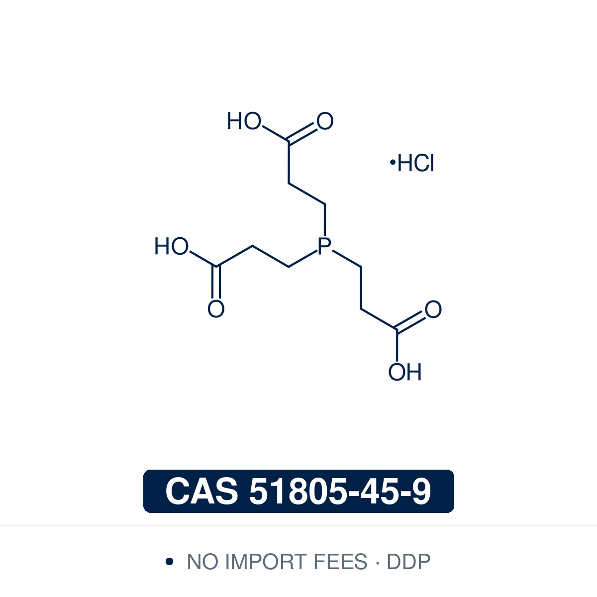 Chemical structure of TCEP-HCl (tris(2-carboxyethyl)phosphine hydrochloride), CAS 51805-45-9, ≥97% — a water-soluble phosphine reducing agent (C9H16ClO6P): a central phosphorus bearing three carboxyethyl arms, as the hydrochloride. It cleaves disulfide bonds to free thiols; odorless, air-stable and effective at low pH, it is the modern replacement for DTT and 2-mercaptoethanol in protein reduction, proteomics and thiol-maleimide bioconjugation. Supplied by NorrChemica with DDP shipping. CoA and SDS