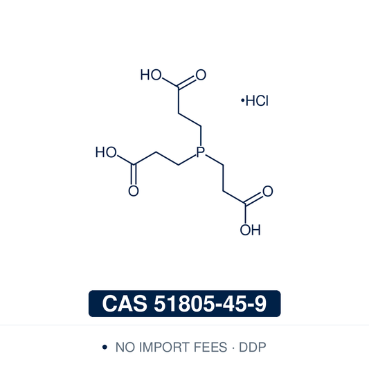 Chemical structure of TCEP-HCl (tris(2-carboxyethyl)phosphine hydrochloride), CAS 51805-45-9, ≥97% — a water-soluble phosphine reducing agent (C9H16ClO6P): a central phosphorus bearing three carboxyethyl arms, as the hydrochloride. It cleaves disulfide bonds to free thiols; odorless, air-stable and effective at low pH, it is the modern replacement for DTT and 2-mercaptoethanol in protein reduction, proteomics and thiol-maleimide bioconjugation. Supplied by NorrChemica with DDP shipping. CoA and SDS