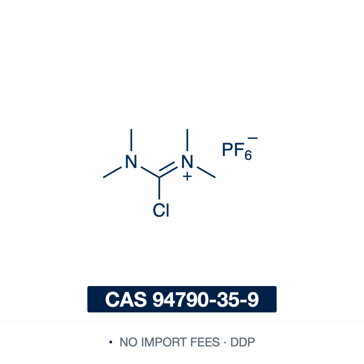 Chemical structure of TCFH (N,N,N',N'-tetramethylchloroformamidinium hexafluorophosphate), CAS 94790-35-9, ≥98% — an electrophilic chloroformamidinium coupling reagent (C5H12ClF6N2P). With N-methylimidazole (NMI) it generates reactive acyl imidazolium ions with acid-chloride-like reactivity, coupling hindered carboxylic acids and unreactive amines to amides with minimal epimerization, and extending to esters and thioesters in peptide synthesis and bioconjugation. Supplied by NorrChemica with DDP shipping.