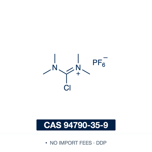 Chemical structure of TCFH (N,N,N',N'-tetramethylchloroformamidinium hexafluorophosphate), CAS 94790-35-9, ≥98% — an electrophilic chloroformamidinium coupling reagent (C5H12ClF6N2P). With N-methylimidazole (NMI) it generates reactive acyl imidazolium ions with acid-chloride-like reactivity, coupling hindered carboxylic acids and unreactive amines to amides with minimal epimerization, and extending to esters and thioesters in peptide synthesis and bioconjugation. Supplied by NorrChemica with DDP shipping.