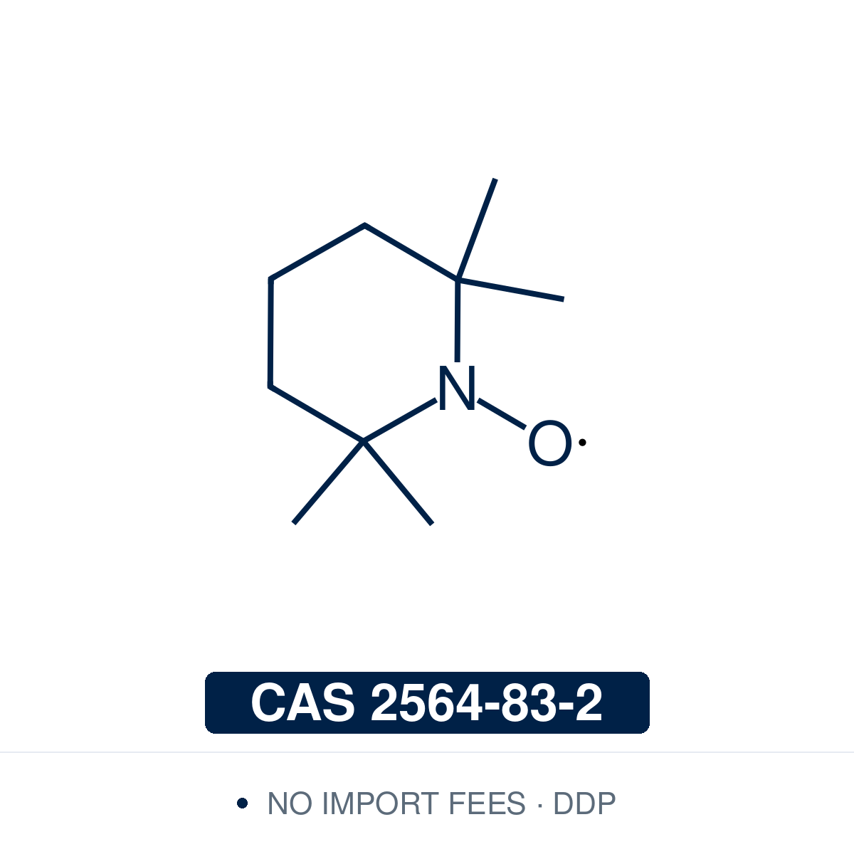 Chemical structure of TEMPO (2,2,6,6-tetramethylpiperidine 1-oxyl), CAS 2564-83-2, ≥97% — stable nitroxide radical used as a selective catalytic oxidant converting primary alcohols to aldehydes and carboxylic acids, as a radical trap and polymerisation inhibitor, as a mediator in nitroxide-mediated polymerisation, as a spin label in EPR, and in the preparation of TEMPO-oxidised cellulose nanofibrils. Supplied by NorrChemica with DDP shipping. CoA and SDS provided.
