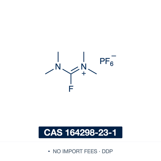 Chemical structure of TFFH (fluoro-N,N,N',N'-tetramethylformamidinium hexafluorophosphate), CAS 164298-23-1, ≥95% — a non-hygroscopic fluoroformamidinium coupling reagent (C5H12F7N2P), the fluoro analog of TCFH. With a tertiary amine base it converts carboxylic acids in situ to reactive acyl fluorides, which acylate amines to amides with low racemization, coupling even hindered acids and electron-deficient amines in solution- and solid-phase peptide synthesis. Supplied by NorrChemica with DDP shipping.
