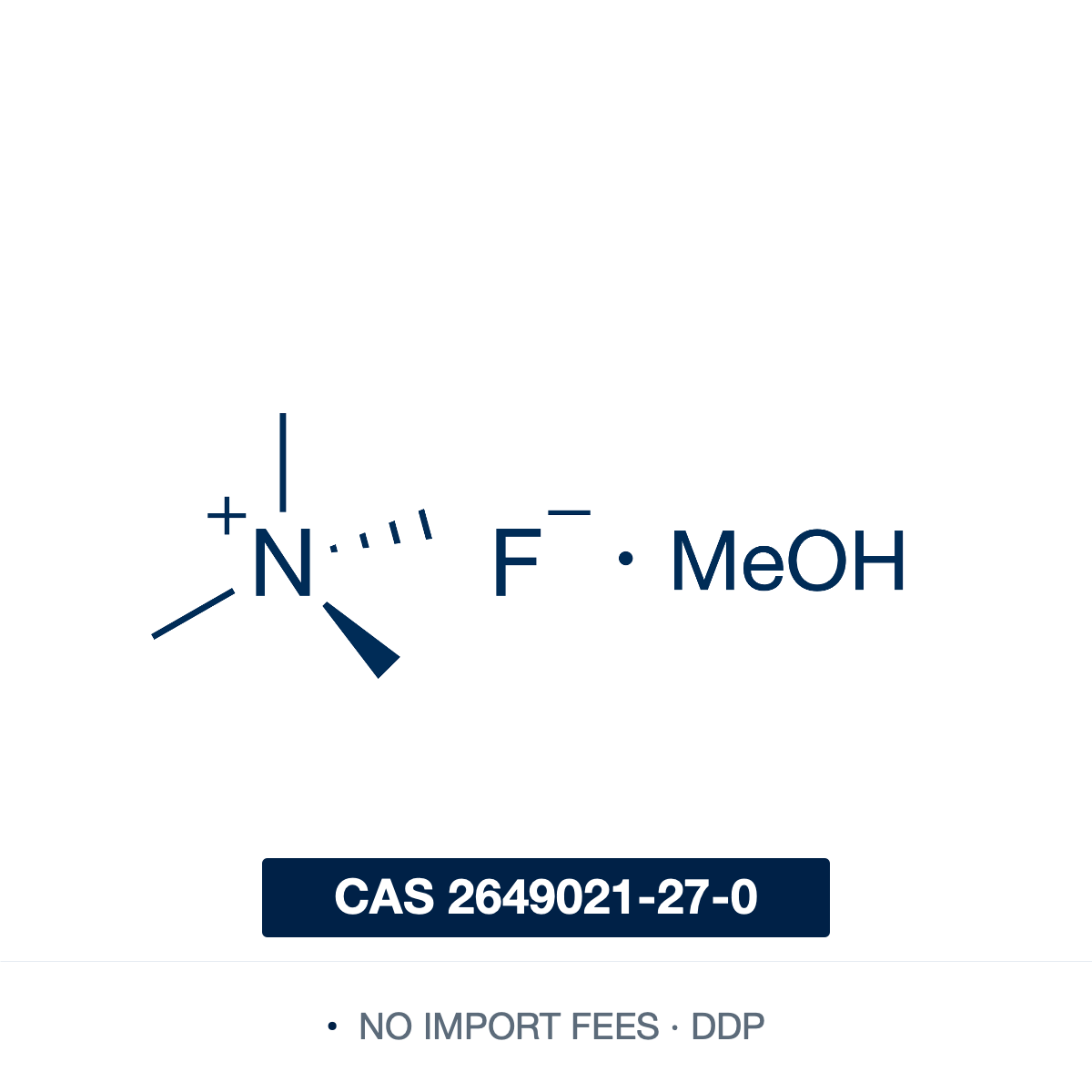 Chemical structure of TMAF–MeOH adduct (Tetramethylammonium fluoride methanol solvate), CAS 2649021-27-0, 91 mol% active fluoride (F⁻/Me₄N⁺ = 0.91 by qNMR) — anhydrous nucleophilic fluoride source for SNAr fluorination, deoxofluorination, and late-stage fluorination of pharmaceutically relevant scaffolds. Supplied by NorrChemica with DDP shipping. CoA and SDS provided.​​​​​​​​​​​​​​​​