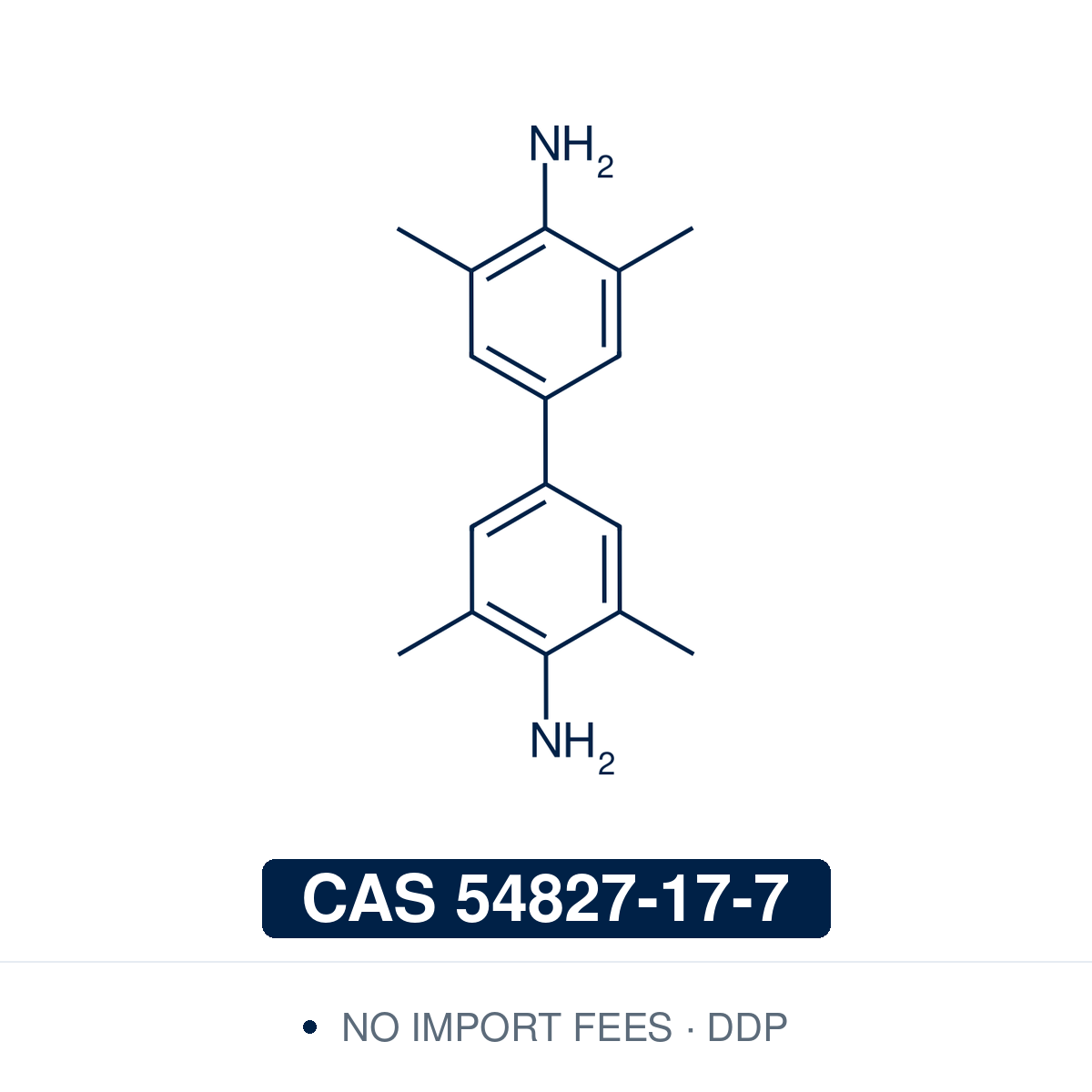 Chemical structure of 3,3′,5,5′-Tetramethylbenzidine (TMB, C₁₆H₂₀N₂), CAS 54827-17-7, ≥98% — a chromogenic substrate for horseradish peroxidase (HRP). In ELISA, the peroxidase oxidises TMB to a soluble blue product; stopping the reaction with sulfuric acid gives a yellow solution that is read at 450 nm. Supplied by NorrChemica with DDP shipping. CoA and SDS provided.
