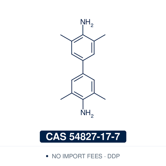 Chemical structure of 3,3′,5,5′-Tetramethylbenzidine (TMB, C₁₆H₂₀N₂), CAS 54827-17-7, ≥98% — a chromogenic substrate for horseradish peroxidase (HRP). In ELISA, the peroxidase oxidises TMB to a soluble blue product; stopping the reaction with sulfuric acid gives a yellow solution that is read at 450 nm. Supplied by NorrChemica with DDP shipping. CoA and SDS provided.