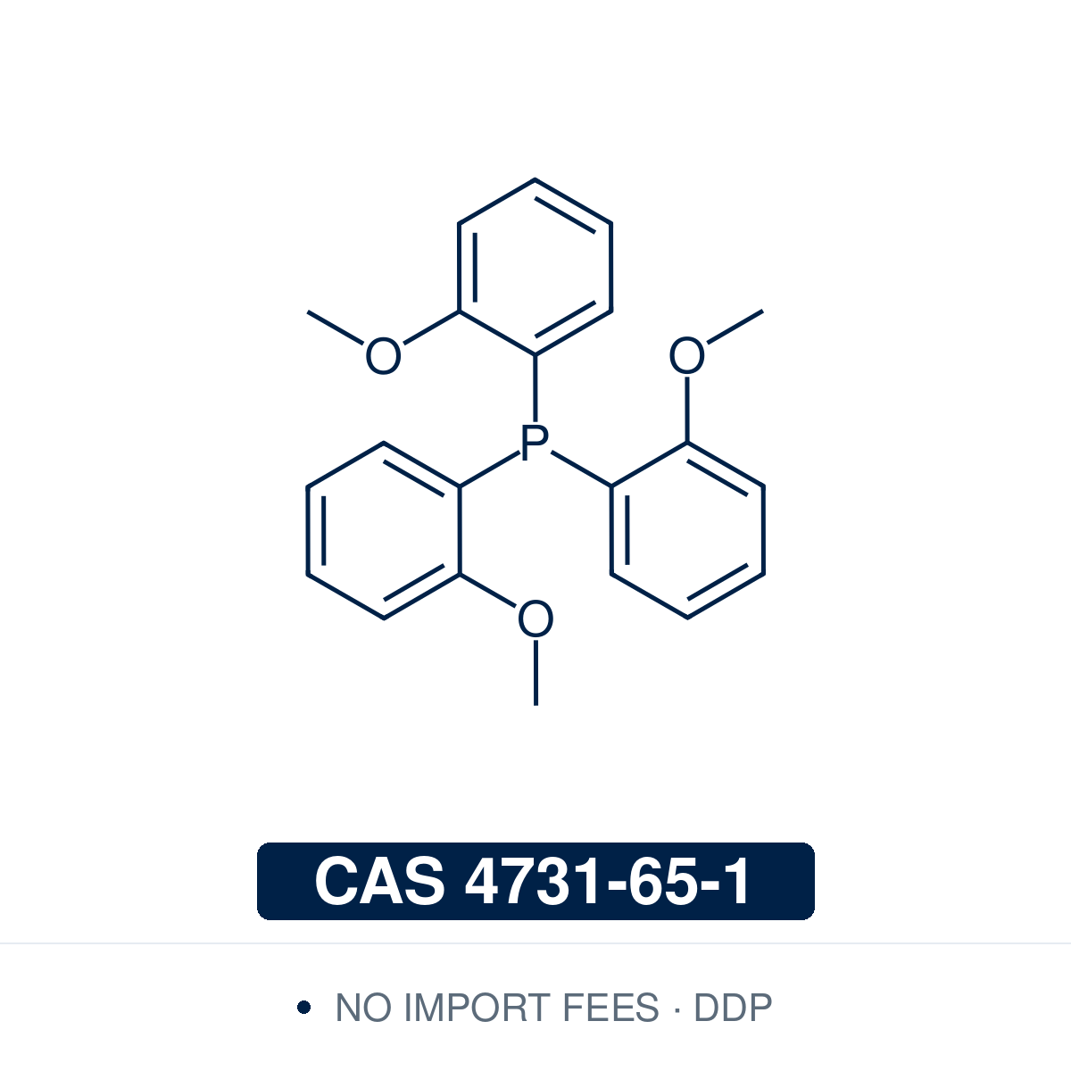Chemical structure of Tris(2-methoxyphenyl)phosphine, CAS 4731-65-1, ≥97% — an electron-rich, hemilabile triarylphosphine ligand whose ortho-methoxy groups stabilise low-valent palladium and nickel in Suzuki-Miyaura, Heck, Stille and Buchwald-Hartwig couplings, carbonylation and hydroformylation. Supplied by NorrChemica with DDP shipping. CoA and SDS provided.