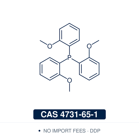 Chemical structure of Tris(2-methoxyphenyl)phosphine, CAS 4731-65-1, ≥97% — an electron-rich, hemilabile triarylphosphine ligand whose ortho-methoxy groups stabilise low-valent palladium and nickel in Suzuki-Miyaura, Heck, Stille and Buchwald-Hartwig couplings, carbonylation and hydroformylation. Supplied by NorrChemica with DDP shipping. CoA and SDS provided.