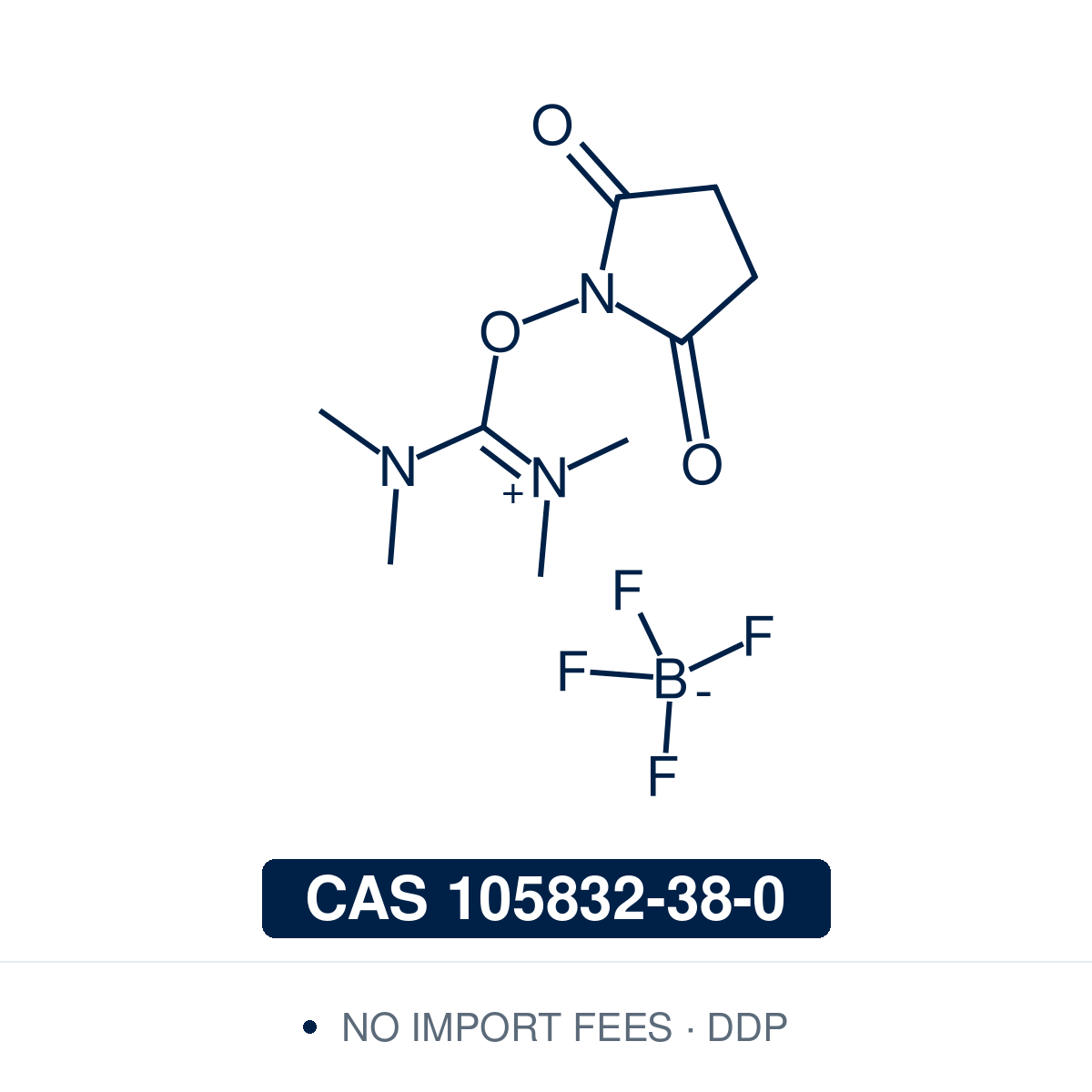 Chemical structure of TSTU, CAS 105832-38-0, ≥95% — N,N,N′,N′-tetramethyl-O-(N-succinimidyl)uronium tetrafluoroborate, a uronium coupling reagent that activates carboxylic acids as NHS esters for amide bond formation, peptide coupling and bioconjugation. Supplied by NorrChemica with DDP shipping. CoA and SDS provided.