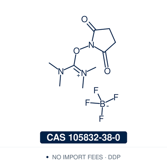 Chemical structure of TSTU, CAS 105832-38-0, ≥95% — N,N,N′,N′-tetramethyl-O-(N-succinimidyl)uronium tetrafluoroborate, a uronium coupling reagent that activates carboxylic acids as NHS esters for amide bond formation, peptide coupling and bioconjugation. Supplied by NorrChemica with DDP shipping. CoA and SDS provided.