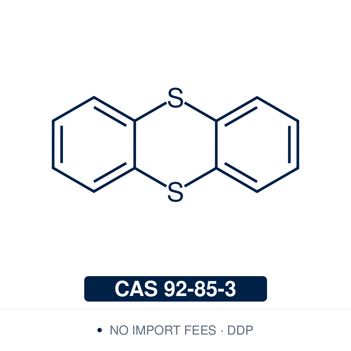 Chemical structure of Thianthrene, CAS 92-85-3, ≥98% — butterfly-shaped sulfur heterocycle used as reagent for site-selective C–H thianthrenation of arenes to access aryl thianthrenium salts for late-stage functionalization, and as precursor to the thianthrene radical cation SET mediator in OLED and redox-battery materials. Supplied by NorrChemica with DDP shipping. CoA and SDS provided.
