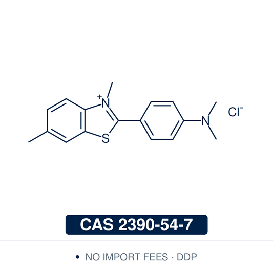 Chemical structure of Thioflavin T, CAS 2390-54-7, ≥95% — benzothiazolium cationic fluorescent dye exhibiting strong fluorescence enhancement upon binding to amyloid β-sheet structures used as a research-grade fluorescent probe for amyloid fibril detection, fluorescence kinetic assays of fibril formation, histological amyloid imaging in neurodegenerative research methodology, and G-quadruplex DNA structure detection. Supplied by NorrChemica with DDP shipping. CoA and SDS provided.