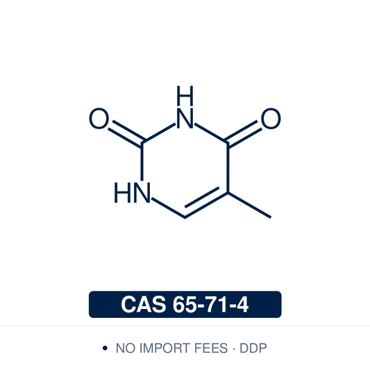 Chemical structure of Thymine, CAS 65-71-4, ≥99% — natural pyrimidine nucleobase (5-methyluracil) used as a DNA building block in oligonucleotide synthesis, nucleoside analogue chemistry, and as a reference standard for nucleic acid research. Supplied by NorrChemica with DDP shipping. CoA and SDS provided.