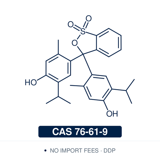 Chemical structure of Thymol Blue, CAS 76-61-9, Indicator Grade — sulfonephthalein two-range pH indicator of the Clark–Lubs series, red→yellow at pH 1.2–2.8 and yellow→blue at pH 8.0–9.6, used in acid–base and non-aqueous titrations, universal indicator formulations, and spectrophotometric seawater pH measurement on the total scale. Supplied by NorrChemica with DDP shipping. CoA and SDS provided.