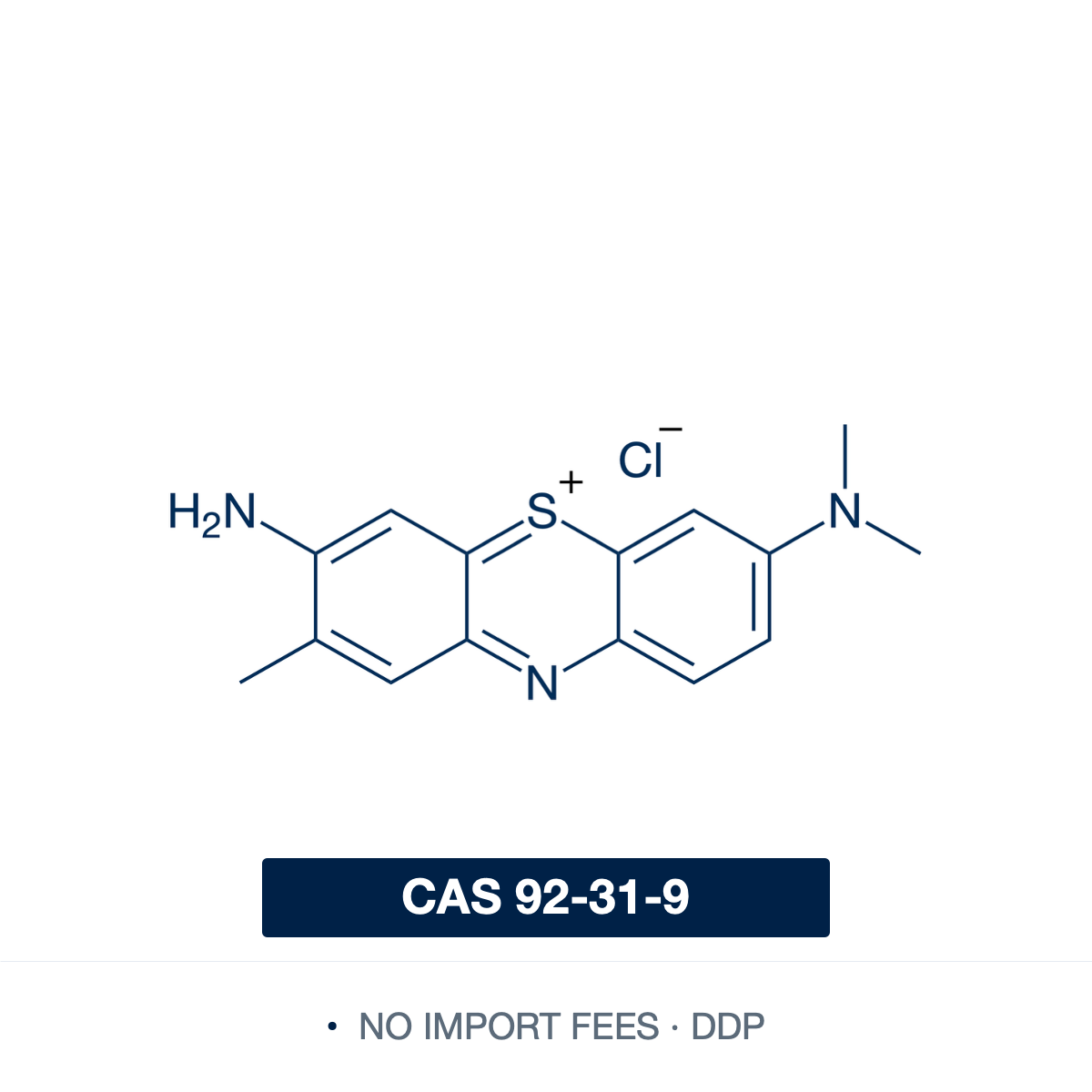 Chemical structure of Toluidine Blue O, CAS 92-31-9, ≥75% dye content — cationic thiazine metachromatic dye (chloride salt) widely used as a histological stain for mast cells, cartilage, and Nissl substance, and as a vital stain in oral cancer screening. Supplied by NorrChemica with DDP shipping. CoA and SDS provided.