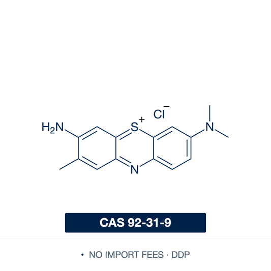 Chemical structure of Toluidine Blue O, CAS 92-31-9, ≥75% dye content — cationic thiazine metachromatic dye (chloride salt) widely used as a histological stain for mast cells, cartilage, and Nissl substance, and as a vital stain in oral cancer screening. Supplied by NorrChemica with DDP shipping. CoA and SDS provided.