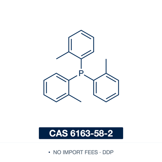 Chemical structure of Tri-o-tolylphosphine (tris(2-methylphenyl)phosphine; P(o-tol)3), CAS 6163-58-2, ≥98% — bulky monodentate triarylphosphine ligand (C21H21P), a phosphorus centre bearing three o-tolyl (2-methylphenyl) groups, with a large cone angle (~194 deg vs ~145 deg for PPh3). A classic ligand for Pd-catalyzed Heck and Buchwald-Hartwig coupling that cyclometalates to the Herrmann-Beller palladacycle. Supplied by NorrChemica with DDP shipping. CoA and SDS provided.
