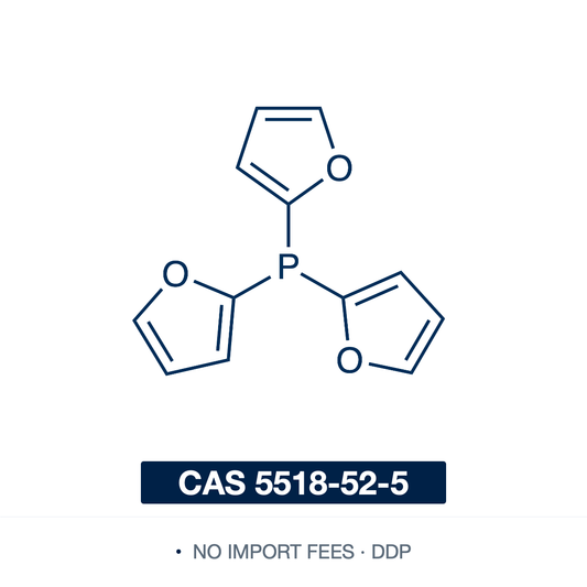 Chemical structure of Tri(2-furyl)phosphine (TFP; tris(2-furyl)phosphine; tris(furan-2-yl)phosphane), CAS 5518-52-5, ≥98% — electron-poor monodentate heteroaryl phosphine ligand (C12H9O3P), a phosphorus centre bearing three 2-furyl (furan-2-yl) groups; a weak sigma-donor and good pi-acceptor. A classic ligand for accelerating Pd-catalyzed Stille coupling (and other C-C cross-couplings), and used in Wittig reactions to improve (Z)-selectivity. Supplied by NorrChemica with DDP shipping. CoA and SDS provided